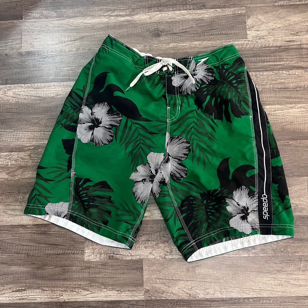Speedo Green and Black Board Shorts Trunks with Tropical‎ Floral Print
